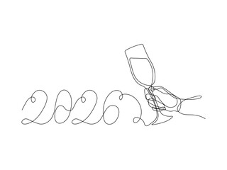 Happy New Year holiday card, hand with glass of champagne and numbers 2026. continuous single one line art hand drawing sketch, logo on white background