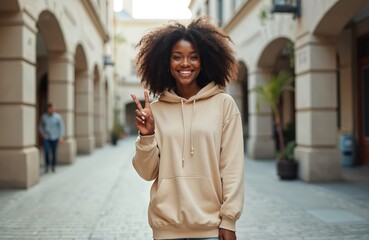 Obraz premium African american woman smiles showing peace sign outdoors in a beige hoodie. She has big curly hair. Background shows a city street with arches and a blurred figure walking.