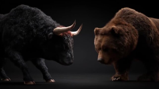 Two shaggy bears face off in a dark studio, dramatic light highlighting their contrast in soft glow