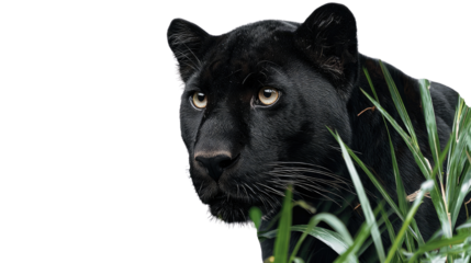 Adorable black panther cub in lush jungle environment with green foliage, wildlife nature habitat and exotic big cat isolated on white background