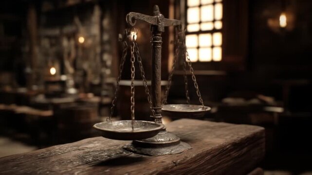 Antique balance scales rest on rough wooden bench, warm light spilling over a dim workshop. In glow
