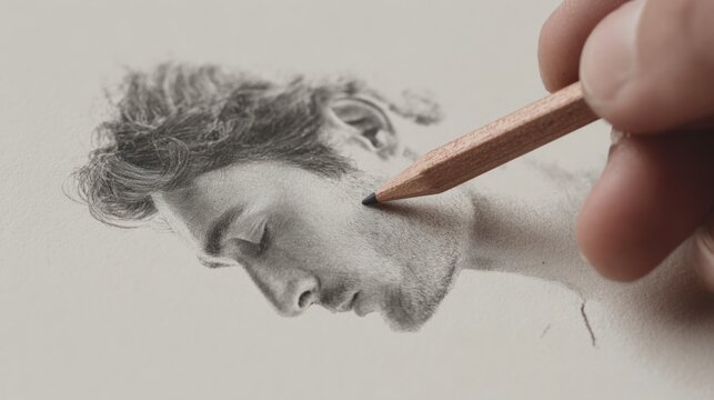 Close-up of a pencil sketch of a man's face. the sketch is done in black and white and shows the man's head and neck in profile, with his eyes closed and his head tilted slightly to the side.