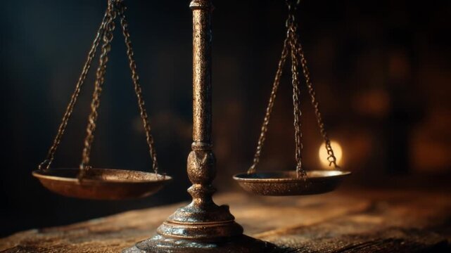 Antique balance scale rests on a weathered old wooden table, warm light glows softly shadows linger