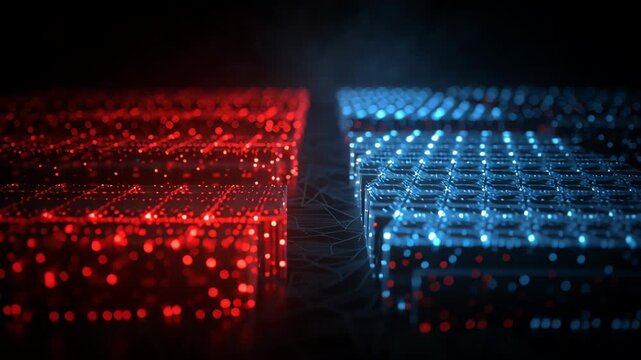 AI competition China USA, abstract visualization symbolizing China and USA in an artificial intelligence rivalry, split color theme red vs blue, high-tech atmosphere