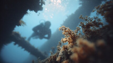 Obraz premium Underwater photograph of a scuba diver swimming over a coral reef. the diver is silhouetted against the blue water, and their body is partially submerged in the water.