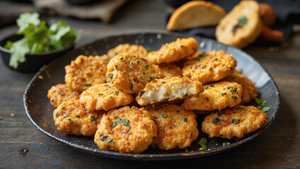 Crispy golden chicken nuggets on a dark ceramic plate, garnished with parsley, one bitten to reveal juicy white meat, on a dark wooden table with blurred bread and greens