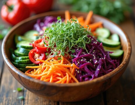 Colorful vegetable salad in wooden bowl on rustic table. Healthy vegan meal includes shredded carrot, red cabbage, cucumber, tomato, microgreens. Organic raw food dish for balanced diet, wellness,