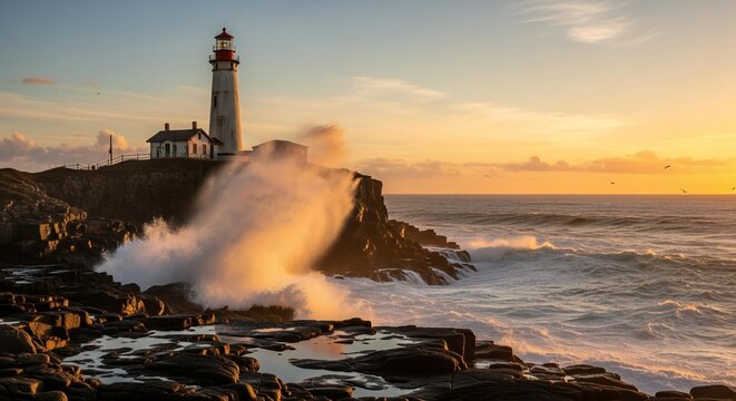 Dramatic ocean waves crash against rocky shoreline near a majestic lighthouse at sunset