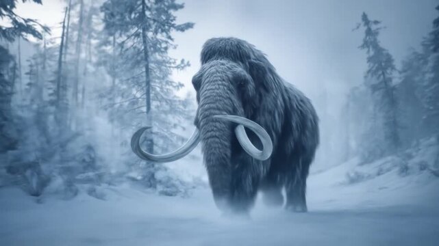 A woolly mammoth trudges through a blue, snowbound pine forest shrouded in mist and frost dusk glow