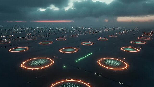 Futuristic landing pads with glowing rings illuminate dark landscape at twilight