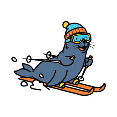 Fototapeta premium Fur Seal Skiing, Simple 2d Vector Graphic, Isolated On A White Background.
