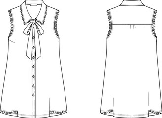 Technical blouse sketch, front and back view, sleeveless top, scalloped lace trim, button-down front, bow tie collar, garment illustration, vector drawing