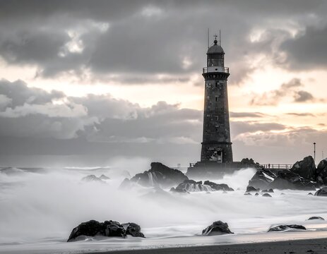 A black and white, dramatic shot of a lighthouse during a stormy seaside day
