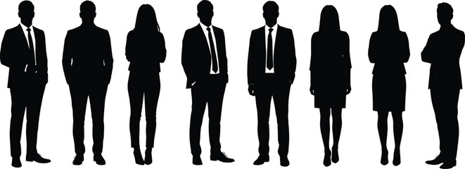 Silhouettes of diverse business professionals, men and women in formal attire, teamwork, leadership, corporate staff, office unity, collaboration, success
