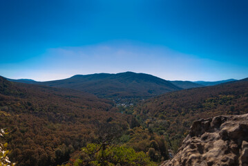 Autumn hills with forest and blue sky