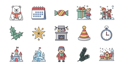 Fototapeta premium Festive Holiday Icons Polar Bear, Calendar, Candy, Gift, Holly, Star, Fireplace, Hat, Castle and More