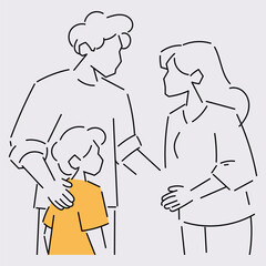 Minimalist line art illustration of a family with two adults and one child, showing care, guidance, and emotional connection through simple lines and subtle color accent.