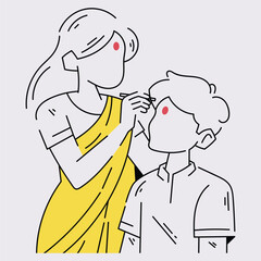 Minimalist line art illustration of a traditional Indian ritual, where a woman in yellow sari applies a red tilak on a man’s forehead, symbolizing culture, blessing, and spiritual bond.