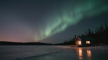 Beautiful night scene of a cabin on a frozen lake. the cabin is made of wood and has a sloping roof, with a small porch and a chimney.