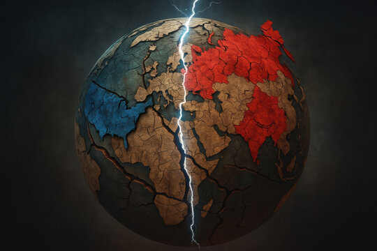 Divided global tension cracked globe split by lightning showing rival blue and red regions, fractured earth surface conveying conflict and geopolitical division with dramatic lighting