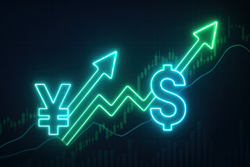 Neon currency symbols yen and dollar connected by upward zigzag arrow on financial chart indicating currency growth and bullish market momentum