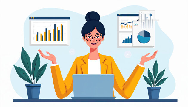 Smiling businesswoman presents a financial report on a laptop. Happy female manager analyzes company data with graphs. Successful analyst shows business growth statistics using charts.