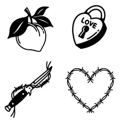 Dark love tattoo set: peach, padlock, knife, and heart