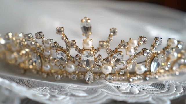Wedding tiara rests on lace veil, sparkling gems with pearls, background blurred, bridal use