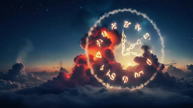 Cosmic Clockwork Celestial Zodiac Symbols Emerge from Fiery Clouds.