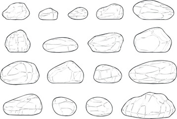 Create original Minimal sketch style cad rock, stone line drawing, Side view, set of graphics decorate elements outline symbol for architecture and landscape design drawing. Vector illustration in str