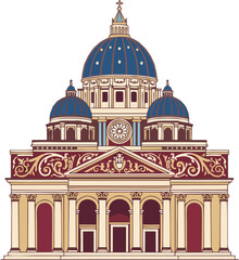 Ornate Stylized Pope Basilica Vector with Blue Domes and Baroque Details &ndash; Catholic Architecture