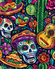 Fototapeta premium Traditional Mexican symbols: chili, sugar skull, taco and others. Illustrations for posters, banners, prints in honor of Mexican holidays
