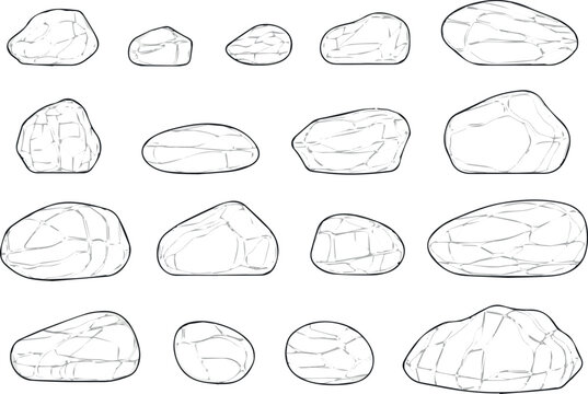 Create original Minimal sketch style cad rock, stone line drawing, Side view, set of graphics decorate elements outline symbol for architecture and landscape design drawing. Vector illustration in str