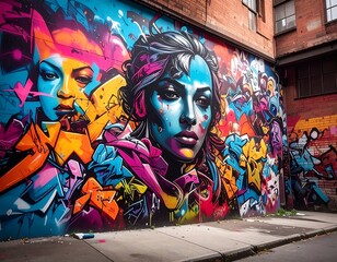 A vibrant urban mural featuring a woman's portrait amidst colorful graffiti art