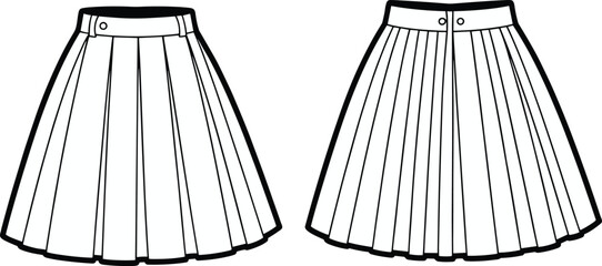 Pleated skirt technical sketch, fashion flat vector, front and back view, CAD drawing, waistband detail, flared silhouette, garment design, sewing template