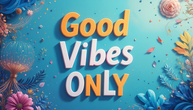 Good vibes only text with floral and abstract elements on a teal background, conveying positivity and a cheerful atmosphere