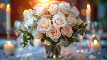 Obraz premium A table with a vase of white roses and candles