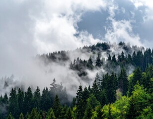 Thick mist rising through tall forest trees showing mystery of natural landscape