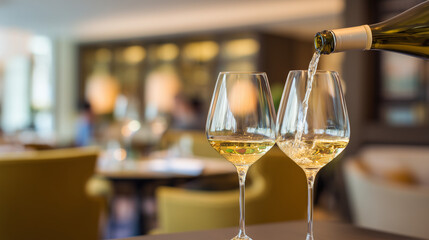 fine. Two elegant wine glasses being filled in a softly lit, blurred restaurant setting. bar promotions, beverage menus, designed for food & beverage menus and cafe branding.