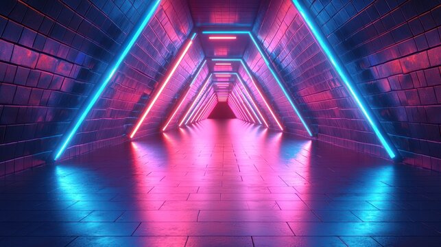 Futuristic, neon-lit hallway with tiled floor, walls, and triangular ceiling lights