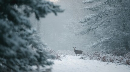 Landscape photograph of a snowy forest. the trees on either side of the image are covered in a thick layer of snow, and the ground is also blanketed in a layer of white.