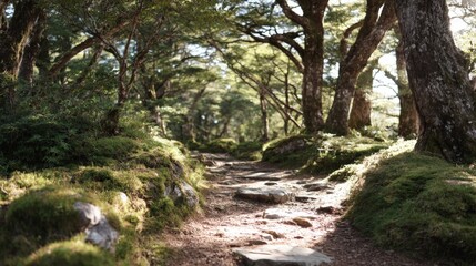 Fototapeta premium Dirt path winding through a forest. the path is surrounded by tall trees with green leaves and branches, and the ground is covered in patches of grass and rocks.