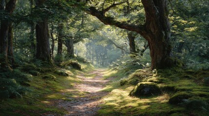 Naklejka premium Beautiful landscape of a forest with a dirt path winding through it. the path is surrounded by tall trees with thick trunks and lush green foliage.