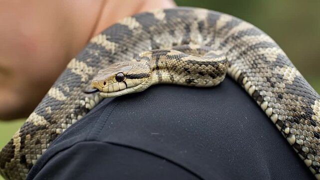 Close up of large patterned snake crawling on a persons shoulder