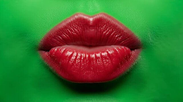 Stylized Red Lips on Vibrant Green Background Pursed for a Kiss