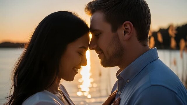 Romantic couple touching foreheads at golden sunset near lake