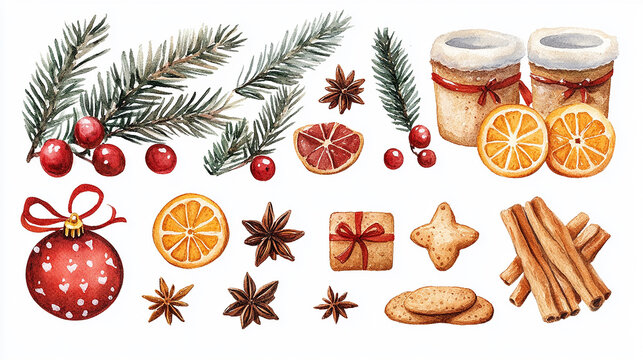 A collection of watercolor illustrations featuring Christmas elements such as pine branches, red berries, dried orange slices, star, cookies, and decorative items like a red ornament and gift boxes