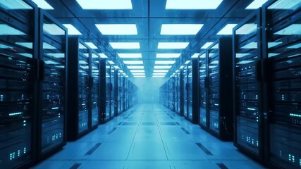 Futuristic digital server center with advanced data systems. Cloud and AI innovation. Futuristic data center aisle with glowing server racks and bright ceiling lights. - Powered by Adobe
