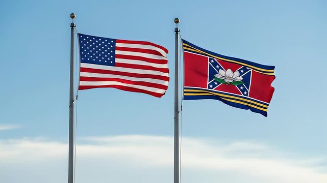 Waving US and Mississippi State Flags Against Blue Sky