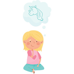 A Young Girl With Blond Hair Daydreaming About a Unicorn in a Thought Bubble She is Wearing a Pink Shirt and Blue Pants Sitting on the Floor with a Transparent Background